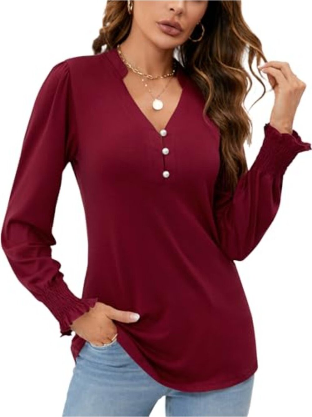 Womens V Neck Puff Long Sleeve Button Down Tunic Blouse Ruffle Cuffs Fall Top